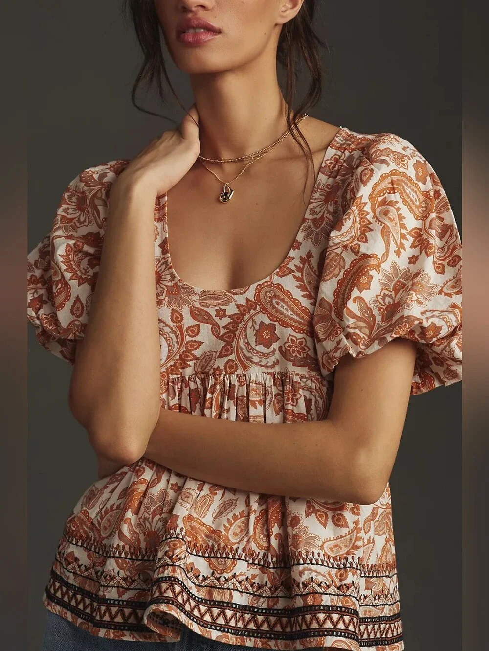 By Anthropologie Puff-Sleeve Babydoll Blouse Size Large